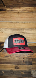 Richardson 112 Hat red/blk/wh layered leather patch farm life