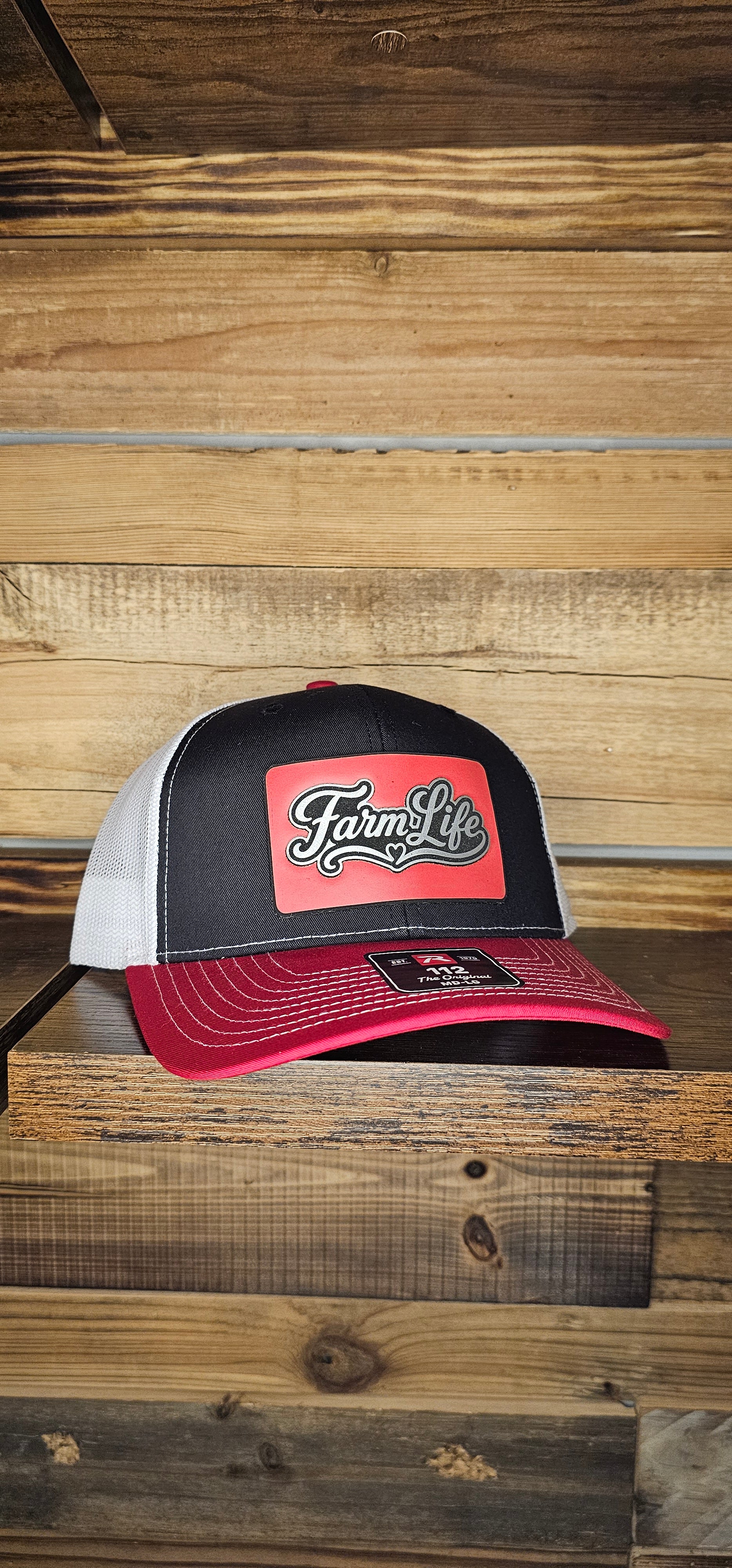 Richardson 112 Hat red/blk/wh layered leather patch farm life