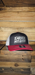 Richardson 112 Hat r/blk/wh leather earned not given patch